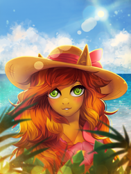 Size: 908x1200 | Tagged: safe, artist:margony, derpibooru import, oc, oc only, oc:bristol hawke, anthro, earth pony, anthro oc, beach, clothes, cloud, commission, digital art, ear fluff, female, hat, looking at you, mare, signature, solo, sun, ych result