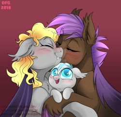 Size: 1600x1541 | Tagged: safe, artist:dragonfoxgirl, derpibooru import, oc, oc only, oc:maple leaf, oc:prowl, oc:skysong, bat pony, fanfic:ponyville noire, bat pony oc, blushing, family, father and child, father and daughter, female, hug, husband and wife, kissing, male, mother and child, mother and daughter, obtrusive watermark, oc x oc, offspring, parent and child, shipping, straight, watermark