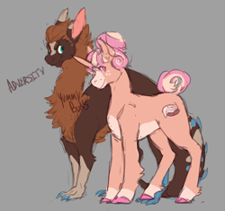 Size: 2600x2445 | Tagged: safe, artist:cosmichorse, derpibooru exclusive, derpibooru import, oc, oc only, oc:adversity, oc:yummybuns, draconequus, pony, unicorn, claws, draconequus oc, male, pastel, reference, simple background, size difference
