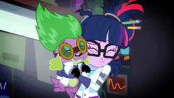 Size: 800x450 | Tagged: safe, derpibooru import, screencap, sci-twi, spike, spike the regular dog, twilight sparkle, dog, eqg summertime shorts, equestria girls, mad twience, animated, clothes, cute, eyes closed, gif, glasses, gloves, goggles, hug, lab coat, mama twilight, paws, smiling, spikabetes, spikelove, twiabetes