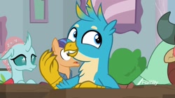 Size: 1920x1080 | Tagged: safe, derpibooru import, screencap, gallus, ocellus, yona, changedling, changeling, griffon, pony, unicorn, yak, a rockhoof and a hard place, background pony, cute, fine catch, friendship student, gallabetes, male, solo focus, stallion