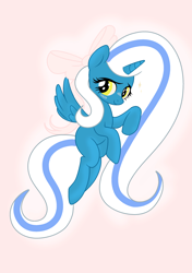 Size: 2039x2894 | Tagged: safe, artist:riofluttershy, derpibooru import, oc, oc only, oc:fleurbelle, alicorn, pony, adorabelle, alicorn oc, big mane, blue coat, blushing, bow, clothes, cute, eyelashes, female, flying, golden eyes, hair bow, mare, pink background, simple background, solo, spread wings, wings
