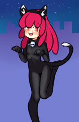 Size: 601x920 | Tagged: safe, artist:drantyno, derpibooru import, apple bloom, equestria girls, animal costume, bell, bell collar, cat bell, cat costume, cat ears, catsuit, city, clothes, collar, costume, cute, female, halloween, halloween costume, looking at you, open mouth, pose, raised leg, solo