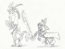 Size: 1786x1353 | Tagged: safe, artist:sensko, derpibooru import, discord, draconequus, pony, undead, crossover, dish, duo, glaive, grayscale, magic, magic aura, male, monochrome, mummy, newbie artist training grounds, pencil drawing, ponified, rearing, settra the imperishable, stallion, telekinesis, tomb kings, traditional art, warhammer (game), warhammer fantasy, weapon