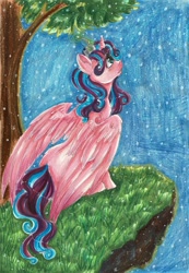 Size: 804x1162 | Tagged: safe, artist:neobubbles, derpibooru import, princess flurry heart, alicorn, pony, female, grass, large wings, looking up, mare, night, night sky, older, sitting, sky, solo, stargazing, starry night, traditional art, tree, wings