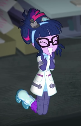 Size: 579x898 | Tagged: safe, derpibooru import, screencap, sci-twi, twilight sparkle, eqg summertime shorts, equestria girls, mad twience, adorkable, clothes, cropped, cute, dork, excited, eyes closed, glasses, gloves, happy, lab coat, pants, shoes, smiling, solo, squee, twiabetes