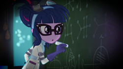 Size: 1920x1080 | Tagged: safe, derpibooru import, screencap, sci-twi, twilight sparkle, eqg summertime shorts, equestria girls, mad twience, chalk, chalkboard, clothes, glasses, gloves, lab coat