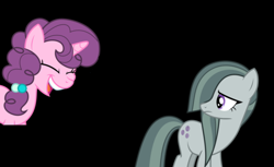 Size: 520x318 | Tagged: safe, derpibooru import, marble pie, sugar belle, earth pony, pony, unicorn, best gift ever, abuse, background pony strikes again, black background, downvote bait, heartbroken marble, laughing, marblebuse, op is a cuck, op is trying to start shit, out of character, sad, side chick, simple background