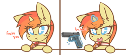 Size: 8000x3500 | Tagged: safe, artist:angelbeat-drift, derpibooru import, oc, oc:darla crossfire, pony, unicorn, >:c, >:o, >:t, angry, ascot, chibi, comic, cussing, dialogue, female, frown, glock, gun, handgun, magic, magic aura, mare, pistol, vulgar, weapon