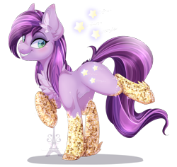 Size: 1024x968 | Tagged: safe, artist:pvrii, derpibooru import, oc, oc only, oc:glitter sweets, earth pony, pony, chest fluff, clothes, cutie mark, digital art, ear fluff, female, looking sideways, mare, purple hair, purple mane, purple tail, signature, simple background, smiling, socks, solo, transparent background