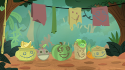 Size: 1920x1080 | Tagged: safe, derpibooru import, screencap, sounds of silence, banana, basket, cabbage, carrot, clothes line, food, fruit, melon, no pony, swirly eyes