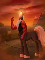 Size: 1875x2500 | Tagged: safe, artist:mmeloman, derpibooru import, lord tirek, centaur, season 4, twilight's kingdom, male, mountain, solo, sun