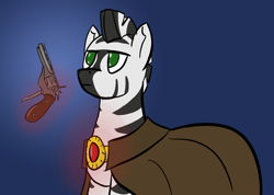 Size: 1436x1024 | Tagged: safe, artist:quarmaid, derpibooru import, oc, oc only, zebra, fallout equestria, amulet, clothes, coat, fallout, green eyes, gun, handgun, jewelry, magic, revolver, telekinesis, zebra oc