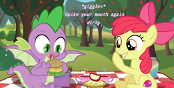 Size: 1241x632 | Tagged: safe, artist:brony-art, derpibooru import, apple bloom, spike, dragon, engrish, female, food, male, picnic, shipping, show accurate, spikebloom, straight, winged spike