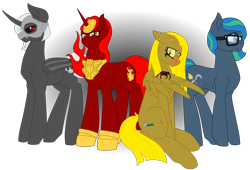 Size: 2000x1359 | Tagged: safe, artist:glacierfrostclaw, derpibooru import, oc, oc:euna aeronwen, oc:mahala aeronwen, oc:morana aeronwen, oc:vigdis aeronwen, bat pony alicorn, earth pony, pegasus, pony, spider, unicorn, armor, boils, female, glasses, jewelry, mare, regalia, simple background, sister of death, sister of famine, sister of pestilence, sister of war, sisters of the apocalypse, skinny, skull mask, transparent background