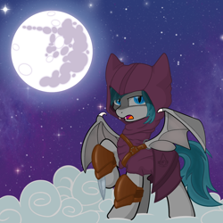 Size: 1000x1000 | Tagged: safe, artist:yognaughtsteve, derpibooru import, oc, oc:midnight dagger, bat pony, pony, assassin, bat pony oc, cloak, clothes, full moon, mare in the moon, metal claws, moon, solo