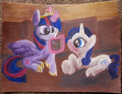 Size: 4020x3108 | Tagged: safe, artist:staremastershy, derpibooru import, rarity, twilight sparkle, twilight sparkle (alicorn), alicorn, pony, unicorn, fanfic:the enchanted library, big crown thingy, book, fanfic art, female, jewelry, lesbian, rarilight, regalia, shipping