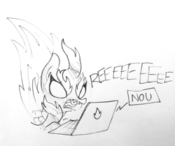 Size: 1280x1069 | Tagged: safe, artist:tjpones, derpibooru import, kirin, nirik, sounds of silence, angry, computer, female, fire, glare, glowing eyes, laptop computer, lineart, monochrome, no u, open mouth, reeee, reeeeeeeeeeeeeeeeeeee, sharp teeth, simple background, sketch, teeth, tongue out, traditional art, white background