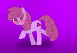 Size: 1175x807 | Tagged: safe, artist:wyezee, derpibooru import, berry punch, berryshine, pony, blushing, drunk, looking at you, purple background, simple background