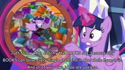 Size: 1280x720 | Tagged: safe, derpibooru import, edit, edited screencap, screencap, twilight sparkle, twilight sparkle (alicorn), alicorn, castle mane-ia, sounds of silence, book, exploitable meme, magic, magic aura, meme, shield, smiling, telekinesis, template, that pony sure does love books