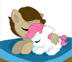 Size: 678x592 | Tagged: safe, artist:h0mi3, derpibooru import, oc, oc only, oc:humble, oc:pastel lilly, awww, brother and sister, colt, cute, female, filly, hug, male, offspring, parent:bulk biceps, parent:fluttershy, parents:flutterbulk, puppy love, siblings, sleeping, winghug, younger