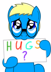 Size: 1807x2560 | Tagged: safe, artist:diaperdude, derpibooru import, oc, oc only, oc:blue wax, pony, cute, hugs needed, hugs?, sign, solo