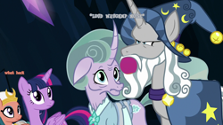 Size: 1280x720 | Tagged: safe, derpibooru import, edit, edited screencap, screencap, mistmane, somnambula, star swirl the bearded, twilight sparkle, twilight sparkle (alicorn), alicorn, pony, shadow play, concerned, faic