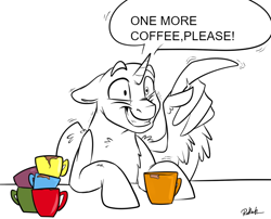 Size: 800x647 | Tagged: safe, artist:rutkotka, derpibooru import, pony, auction, caffeine, coffee, coffee mug, commission, crazy eyes, male, mug, shaking, smiling, stallion, wing hands, wings, your character here