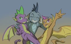 Size: 3300x2028 | Tagged: safe, artist:double-zr-tap, derpibooru import, princess ember, smolder, spike, dragon, dragoness, eyes closed, female, gradient background, looking at you, male, peace sign, smiling, winged spike