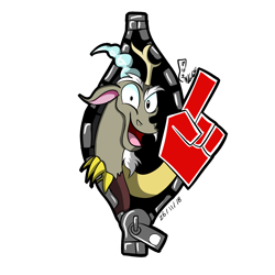 Size: 2000x2000 | Tagged: safe, artist:viejillox64art, derpibooru import, discord, draconequus, foam finger, simple background, solo, sticker, transparent background, zipper