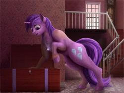 Size: 1000x750 | Tagged: safe, artist:geoffrey mcdermott, derpibooru import, amethyst star, sparkler, pony, unicorn, casual nudity, chest, grandfather clock, human to pony, jewelry, leaning, looking down, necklace, nudity, pendant, smiling, solo, staircase, transformation