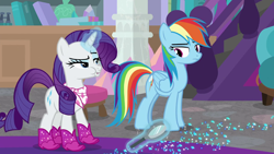 Size: 1280x720 | Tagged: safe, derpibooru import, screencap, rainbow dash, rarity, pegasus, pony, unicorn, the end in friend, azurantium, boots, duo, faic, female, glitter boots, magic, magic aura, magnifying glass, mare, shoes, sparkles, telekinesis