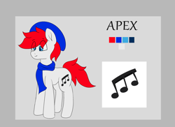 Size: 1717x1247 | Tagged: safe, artist:itwasscatters, derpibooru import, oc, oc:apex soundwave, earth pony, pony, clothes, male, music notes, reference sheet, simple background, stallion