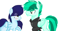 Size: 1828x948 | Tagged: safe, artist:sapphireartemis, derpibooru import, oc, oc only, oc:sapphire skies, oc:thunder greenlight, pegasus, pony, blushing, clothes, female, hoodie, male, mare, simple background, stallion, transparent background