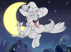 Size: 3260x2370 | Tagged: safe, artist:taneysha, derpibooru import, cat, broom, clothes, commission, flying, flying broomstick, halloween, hat, holiday, moon, socks, solo, striped socks, witch hat, your character here