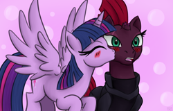 Size: 1516x968 | Tagged: safe, artist:jcmx, derpibooru import, tempest shadow, twilight sparkle, twilight sparkle (alicorn), alicorn, my little pony: the movie, armor, blushing, eyes closed, female, kissing, lesbian, shipping, surprised, tempestlight