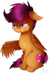 Size: 945x1416 | Tagged: safe, artist:spirit-1, derpibooru import, scootaloo, pony, crying, sad, simple background, sitting, solo, transparent background