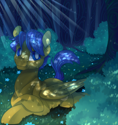 Size: 2226x2348 | Tagged: safe, artist:breioom, derpibooru import, oc, oc only, oc:crushingvictory, pegasus, pony, crepuscular rays, crossed hooves, flower, forest, lying down, male, smiling, solo, stallion, white pupils