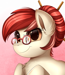 Size: 1722x2003 | Tagged: safe, artist:pridark, derpibooru import, oc, oc only, earth pony, pony, bust, female, glasses, gradient background, hair bun, mare, smiling