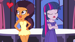 Size: 2500x1417 | Tagged: safe, artist:bigpurplemuppet99, artist:flashlightisthebest, artist:iamsheila, derpibooru import, saffron masala, twilight sparkle, equestria girls, bun hairstyle, equestria girls-ified, female, lesbian, shipping, twiffron