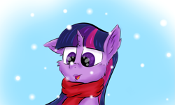 Size: 1787x1080 | Tagged: safe, artist:rurihal, derpibooru import, twilight sparkle, unicorn twilight, pony, unicorn, blue background, clothes, ear fluff, female, lips, mare, scarf, simple background, snow, snowfall, solo, winter