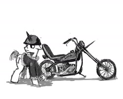 Size: 1540x1247 | Tagged: safe, artist:ony01, derpibooru import, oc, oc only, pony, biker, chopper, grayscale, looking away, monochrome, motorcycle, simple background, solo, white background