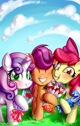 Size: 1600x2500 | Tagged: safe, artist:rrd-artist, derpibooru import, apple bloom, scootaloo, sweetie belle, earth pony, pegasus, pony, unicorn, bouquet, cloud, cutie mark crusaders, eyes closed, female, filly, flower, grass, grin, looking at you, outdoors, smiling, trio