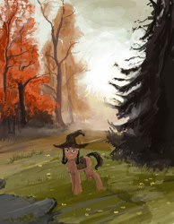 Size: 1400x1800 | Tagged: safe, artist:ony01, derpibooru import, earth pony, pony, forest, hat, looking at you, monkey swings, saddle bag, solo, standing, tree, witch, witch hat