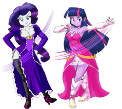 Size: 3185x2840 | Tagged: safe, artist:danmakuman, derpibooru import, edit, editor:backgroundlol, rarity, twilight sparkle, equestria girls, armpits, boots, breasts, cleavage, clothes, costume, dress, duo, female, high heel boots, high heels, lesbian, rarilight, request, shipping, shoes, simple background, white background