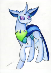 Size: 2460x3486 | Tagged: safe, artist:luxiwind, derpibooru import, oc, oc:flox, changedling, changeling, female, solo, traditional art