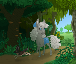 Size: 3202x2700 | Tagged: safe, artist:jackiebloom, derpibooru import, oc, oc only, oc:dust bunny, mule, pony, bow, curly mane, everfree forest, female, forest, hair bow, hinny, outdoors, saddle bag, scenery, shelf mushroom, skvader, solo, tail feathers, tree