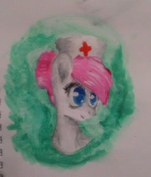 Size: 460x540 | Tagged: safe, artist:taika403, derpibooru import, nurse redheart, earth pony, pony, abstract background, female, mare, nurse, smiling, solo, traditional art, watercolor painting