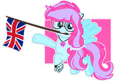 Size: 1024x684 | Tagged: safe, artist:bezziie, derpibooru import, oc, oc only, oc:strawberry pie, pegasus, pony, female, flag, glasses, mare, mouth hold, simple background, solo, transparent background, union jack