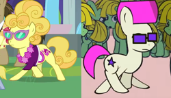 Size: 734x421 | Tagged: safe, artist:viva reverie, derpibooru import, edit, edited screencap, screencap, cloudy daze, curtain call, globe trotter, lemon chiffon, oc, oc:muh mogma, pony, molt down, background pony, comparison